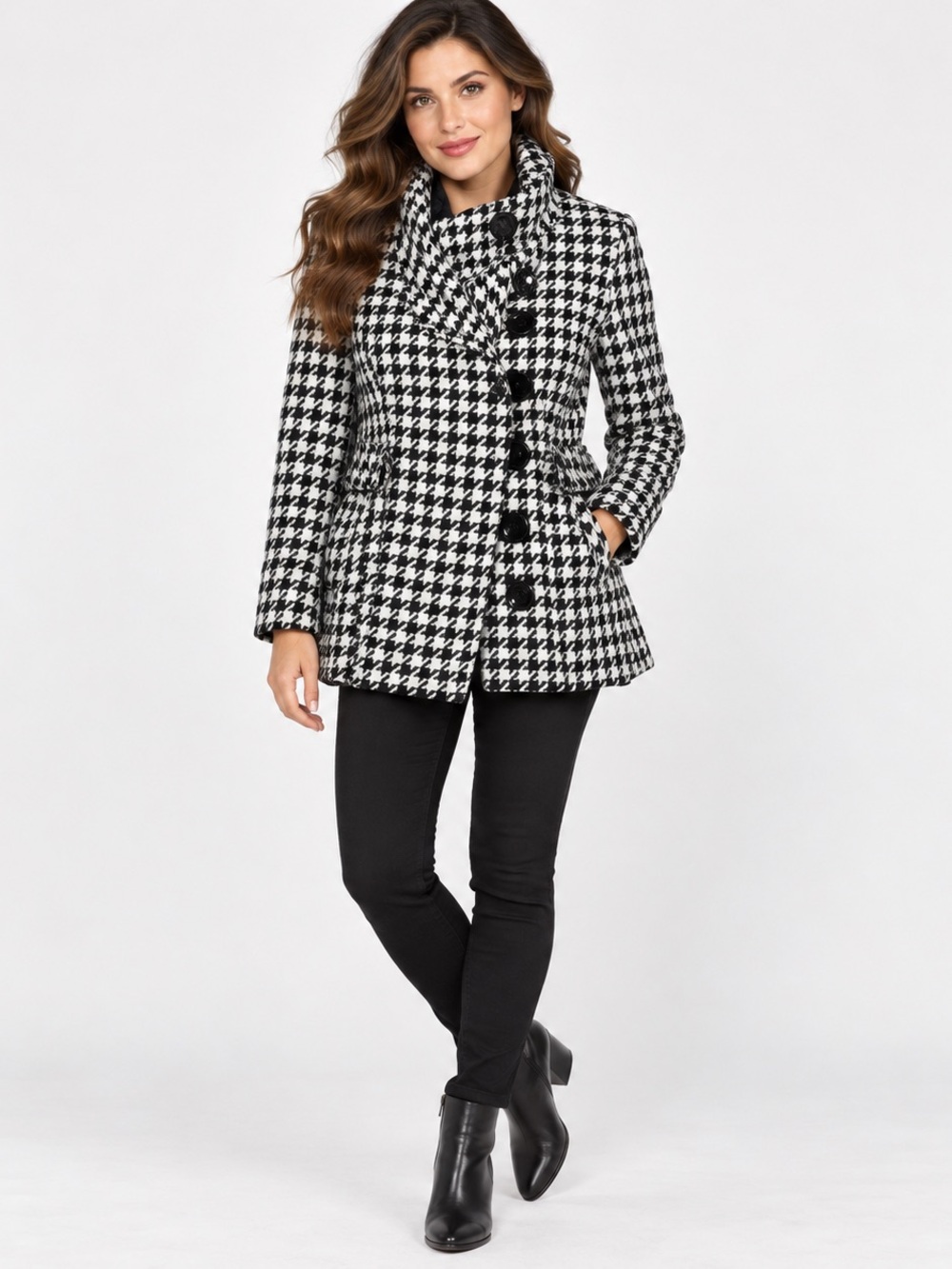 Last Kiss Black White Houndstooth Belted Peacoat Jacket Large